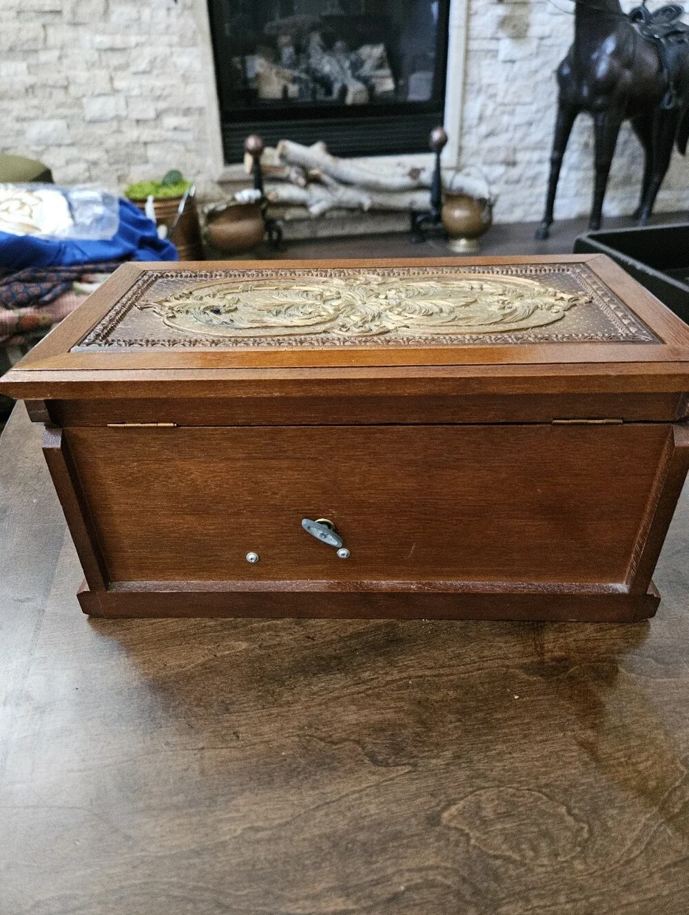 Musical Jewelry Box, Toyo Japan Oak Yellow Velvet Padding Carved Wood 1930's
